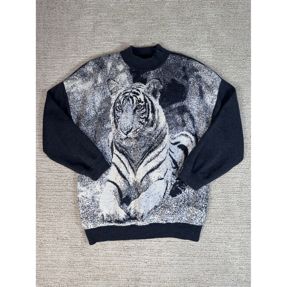 St John Collection Marie Gray White Tiger Knit Sweater Grey Mock Neck Size P